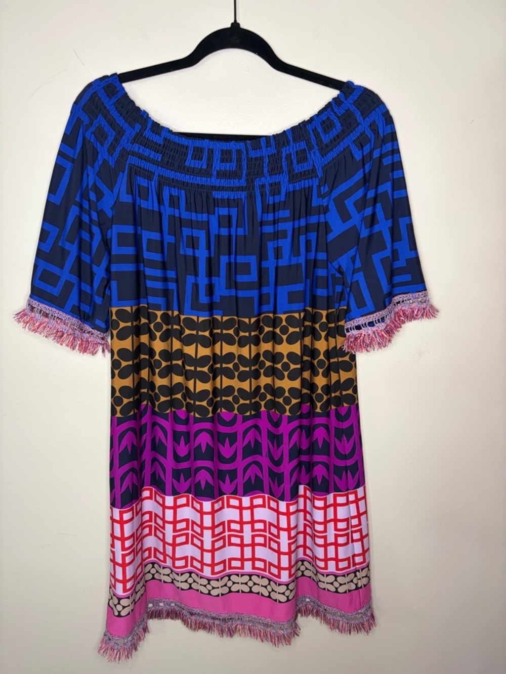 Trina Turk Vibrant Geometric Off-Shoulder Dress in Royal Blue, Gold & Magenta - Picture 2 of 5